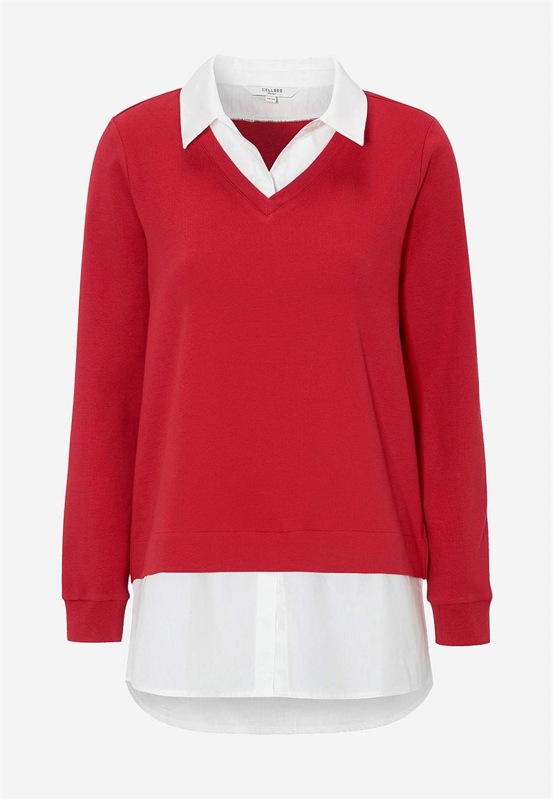 Jerseytopp med fastsydd skjortekrage