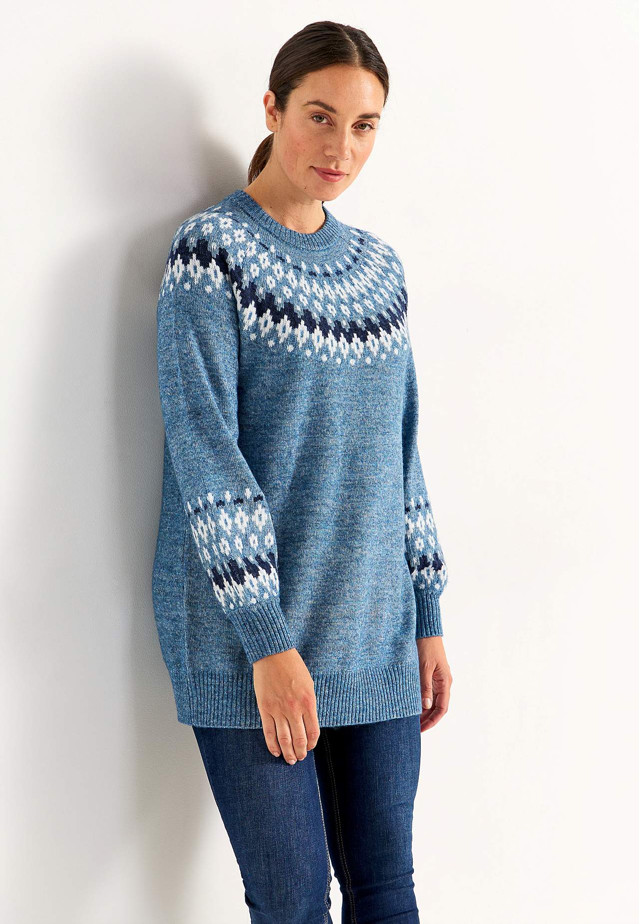 Strikket, jacquard-mønster genser