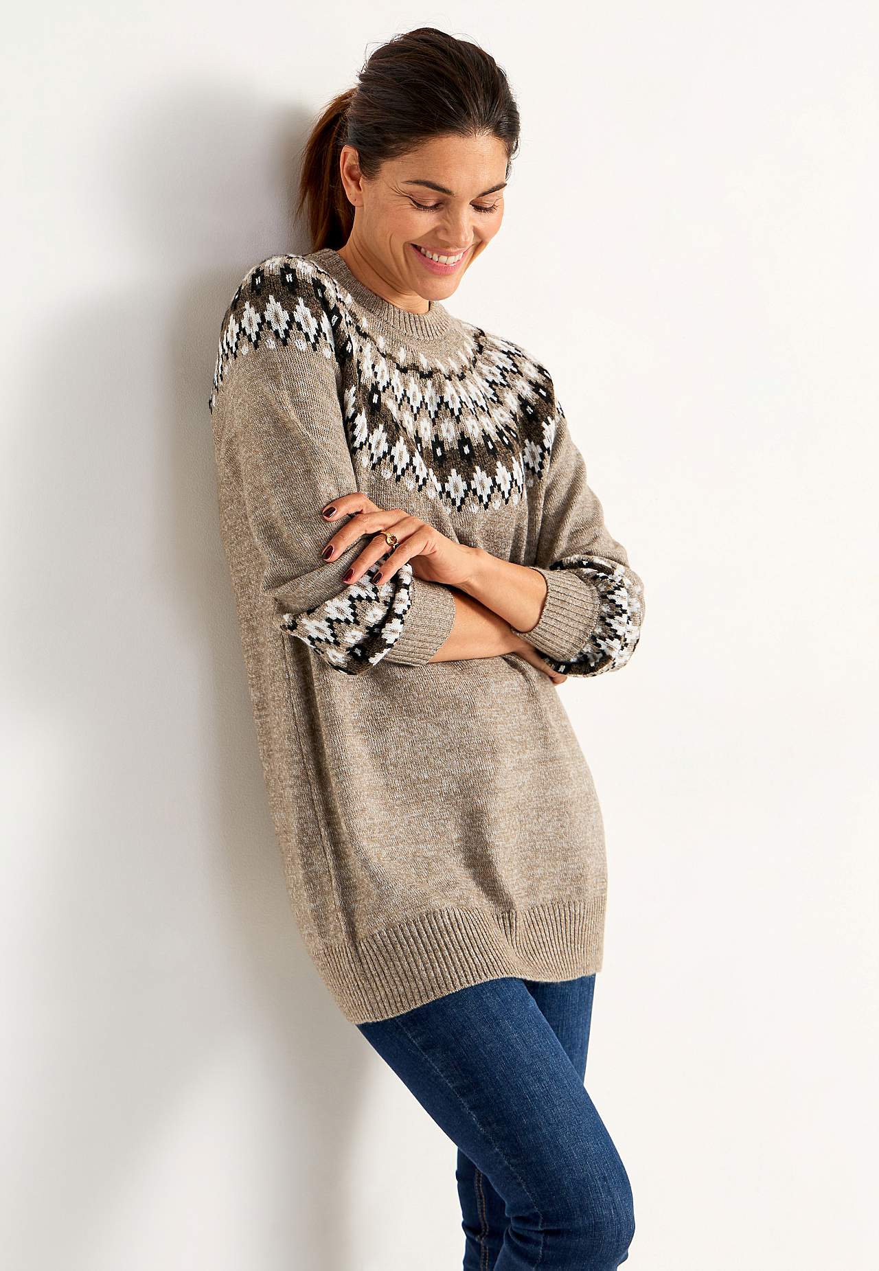 Strikket, jacquard-mønster genser