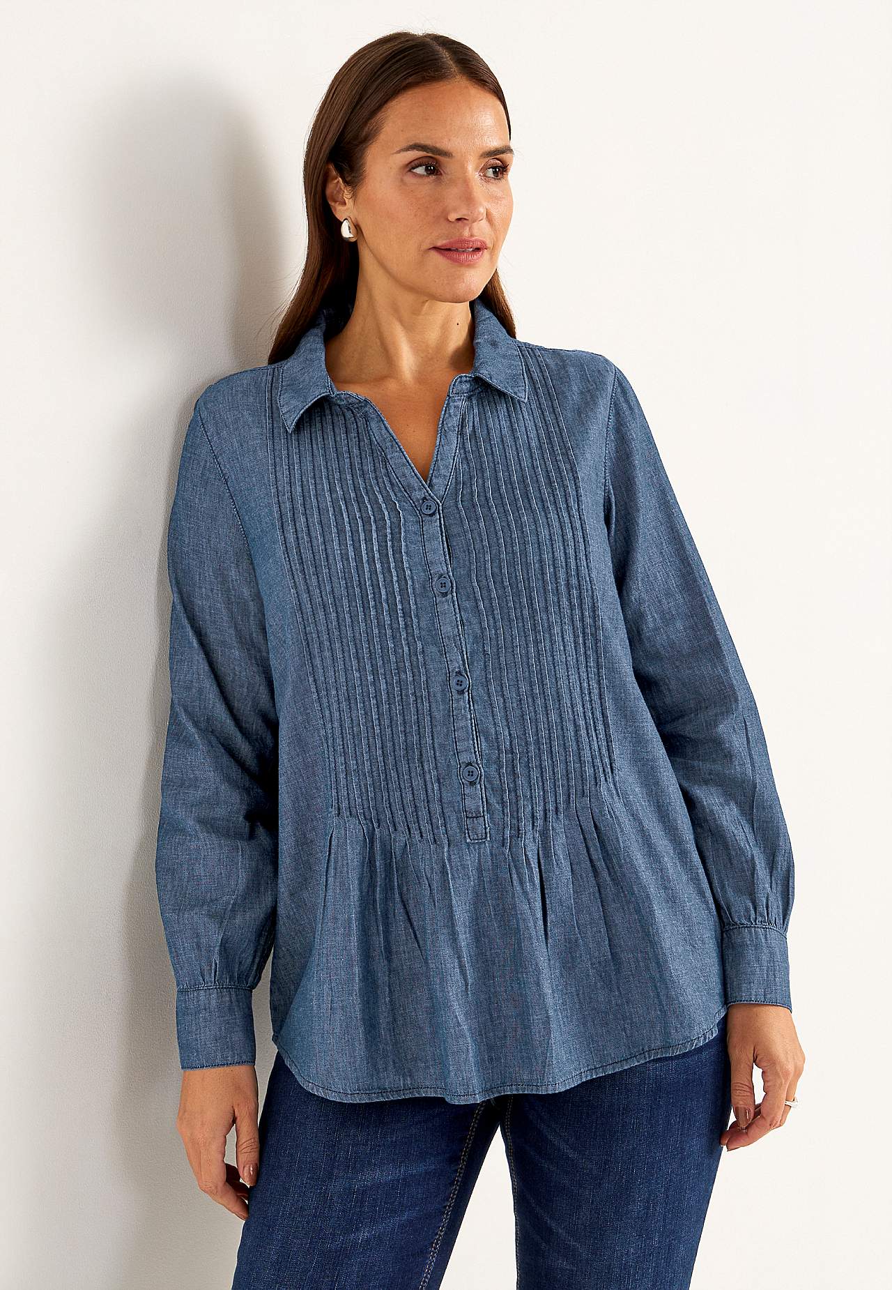 Denimbluse med sydd folder