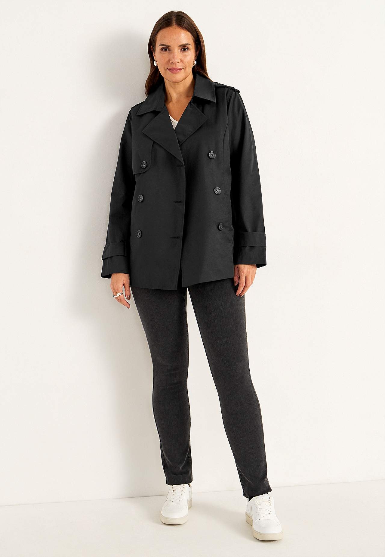 Dobbelbryst, kort trenchcoat