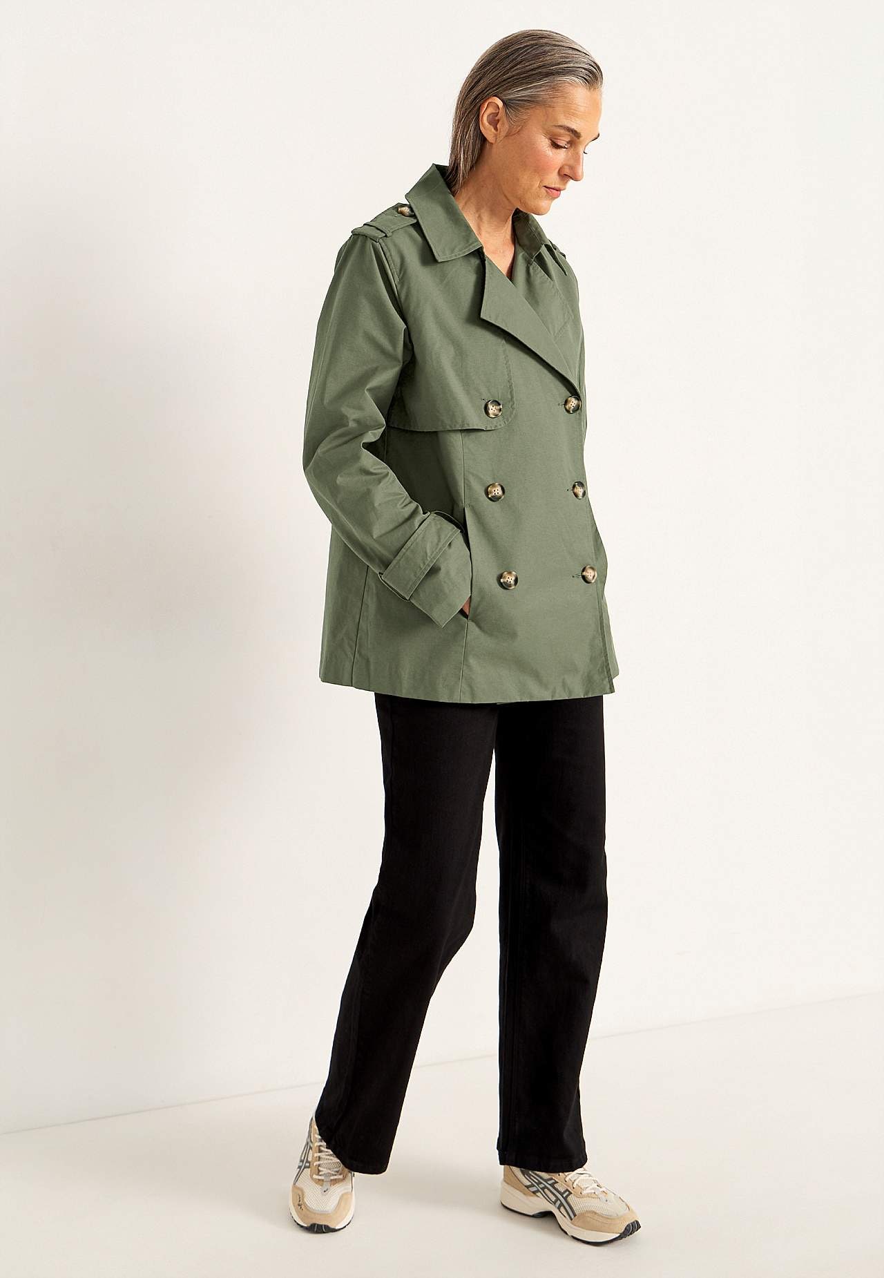 Dobbelbryst, kort trenchcoat