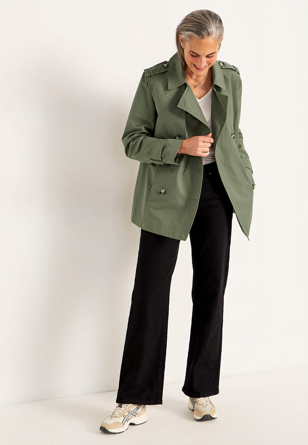 Dobbelbryst, kort trenchcoat