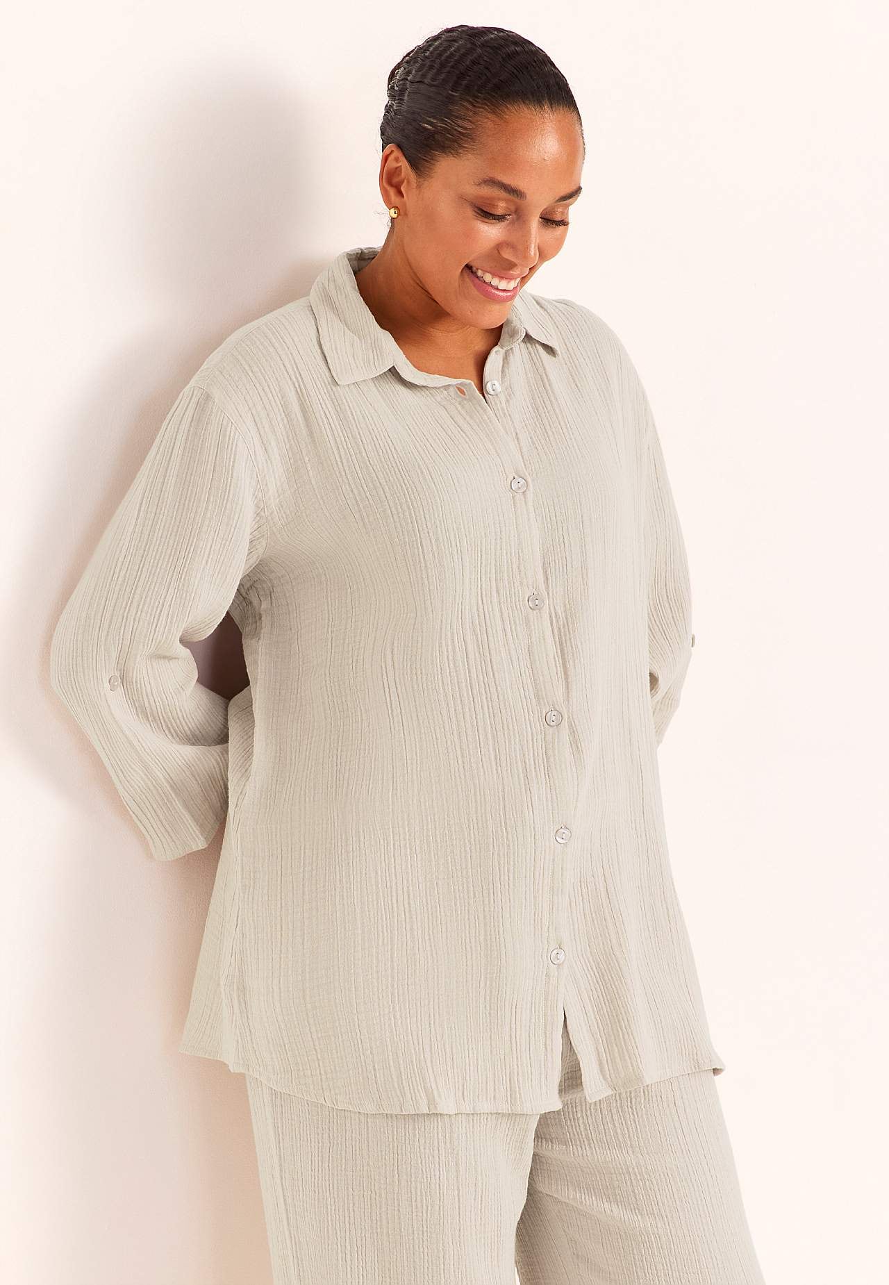 Lang skjorte i rynket bomull