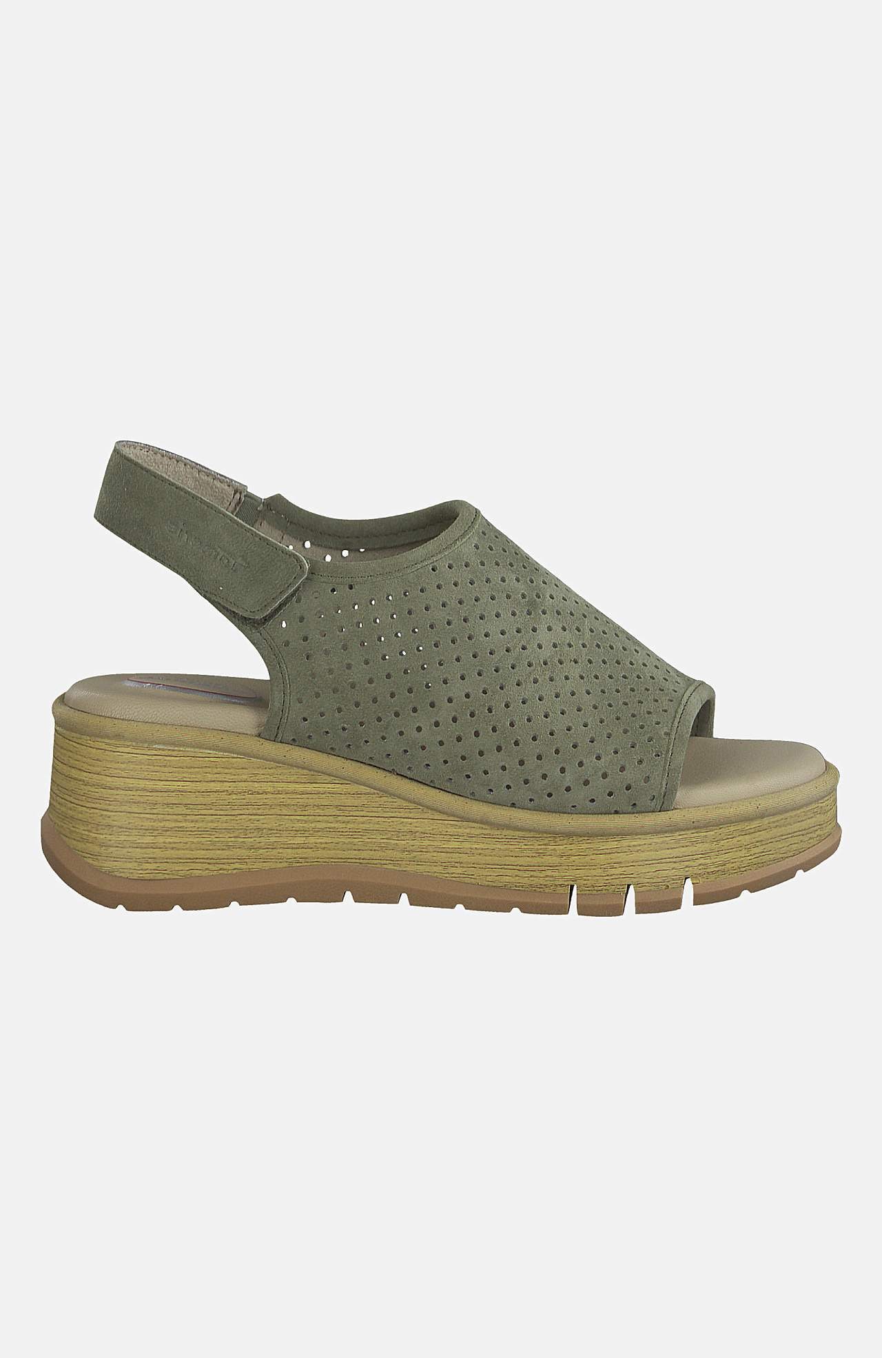 Skinnsandalette med kilehæl