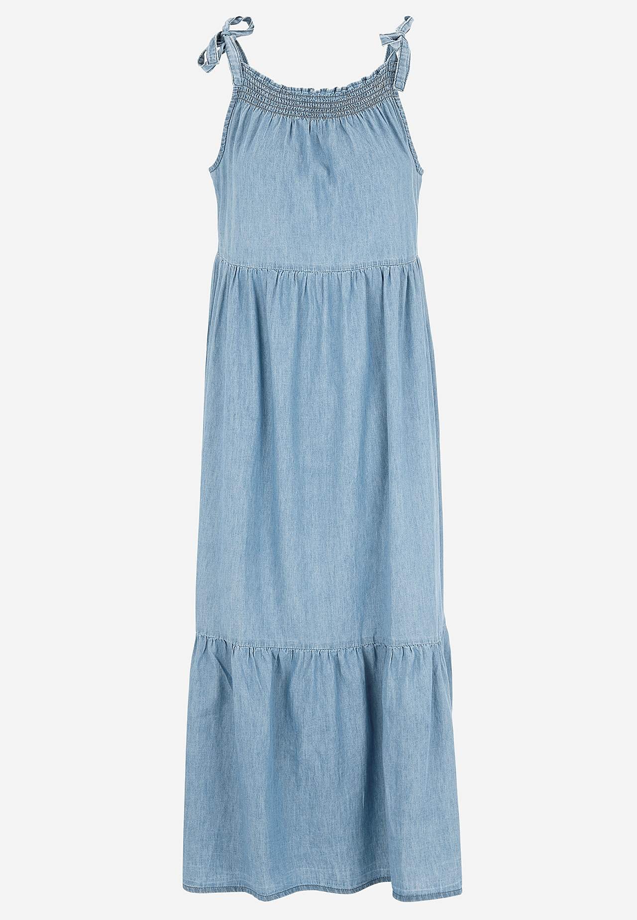 Myk denimkjole med knytbar stropp