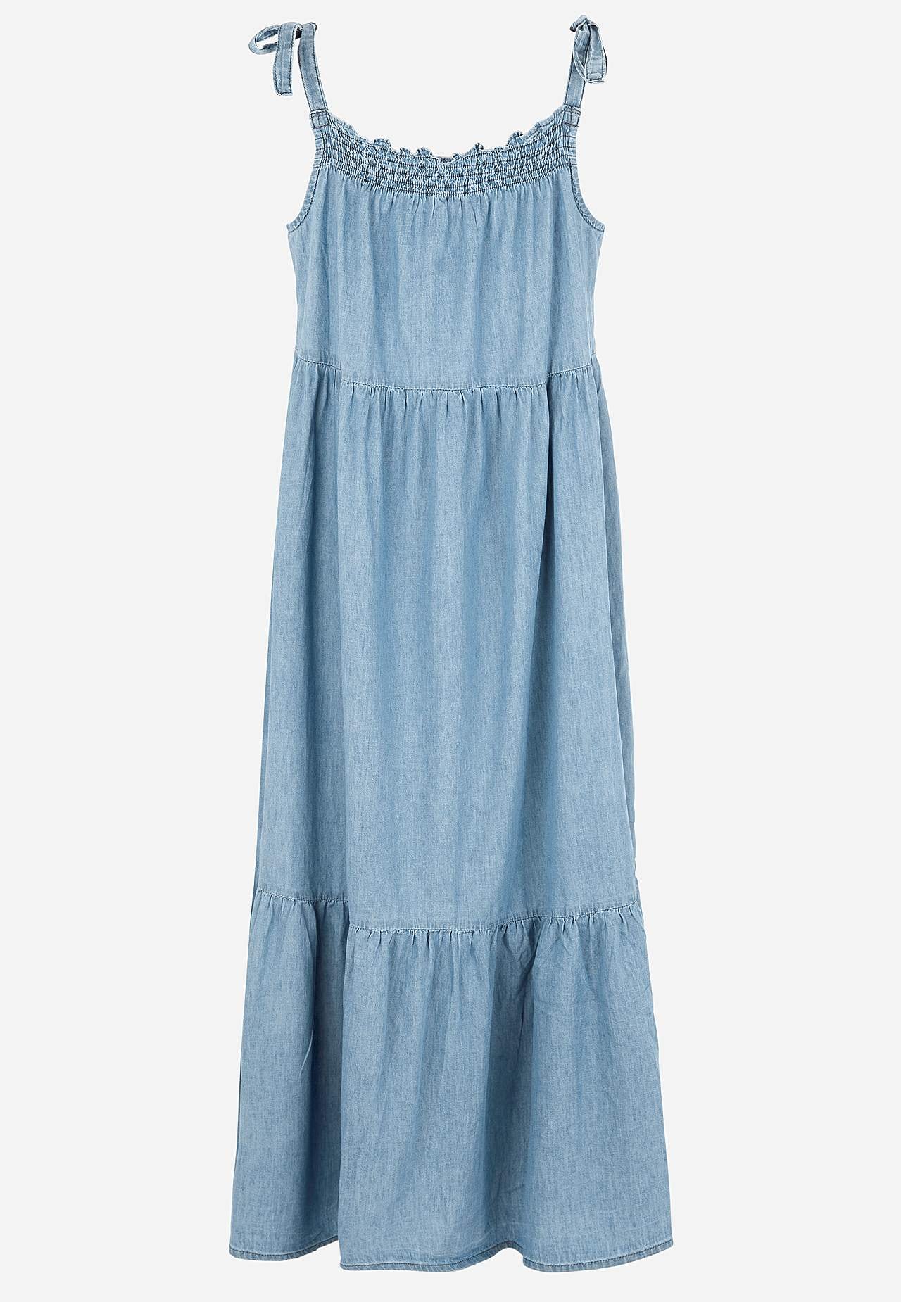Myk denimkjole med knytbar stropp