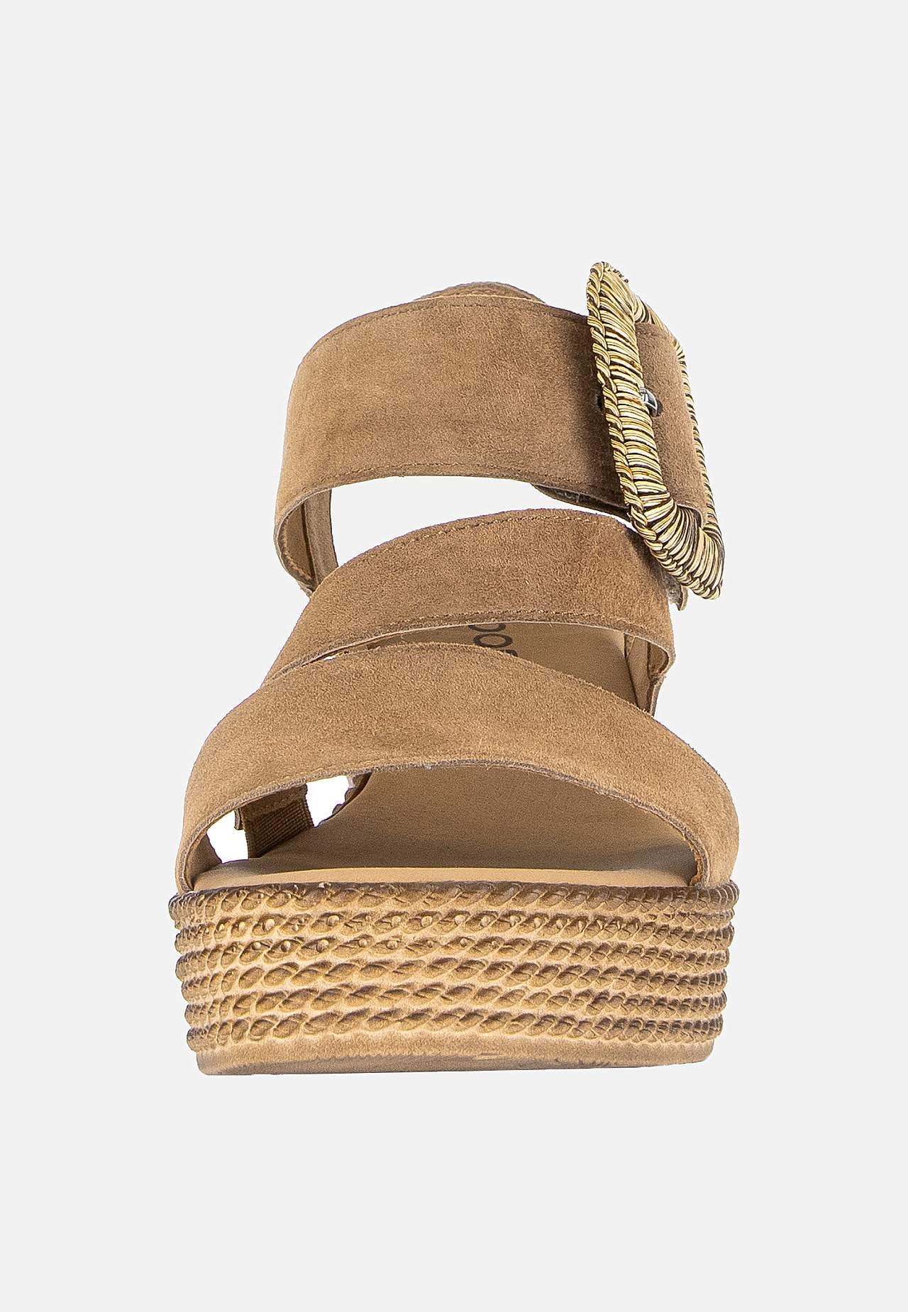 Sandal i semsket skinn med kilehæl