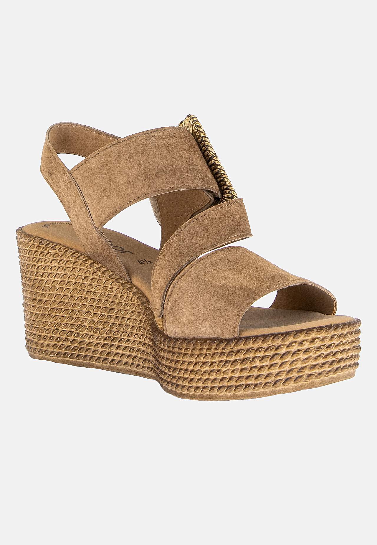 Sandal i semsket skinn med kilehæl