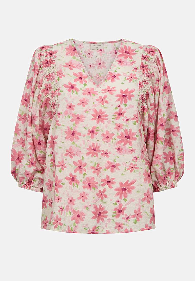 Blomstret, vevet bluse med smockdetalj