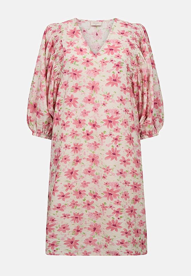 Blomstret, vevet kjole med lommer og smockdetalj