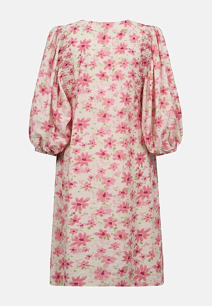 Blomstret, vevet kjole med lommer og smockdetalj