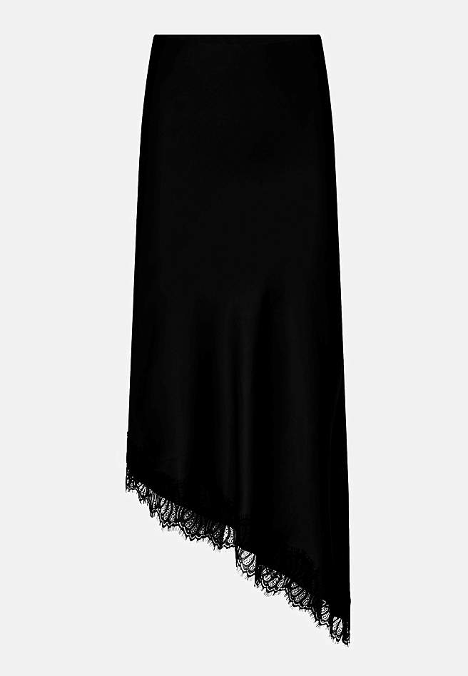 Asymmetrisk satengskjørt med blondekant